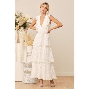 Lulus Molinetto White Lace Ruffled Tiered Sleeveless Maxi Dress size small